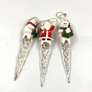 Vintage 90's Icicle Christmas Tree Ornaments Santa Snowman 3 Piece Lot